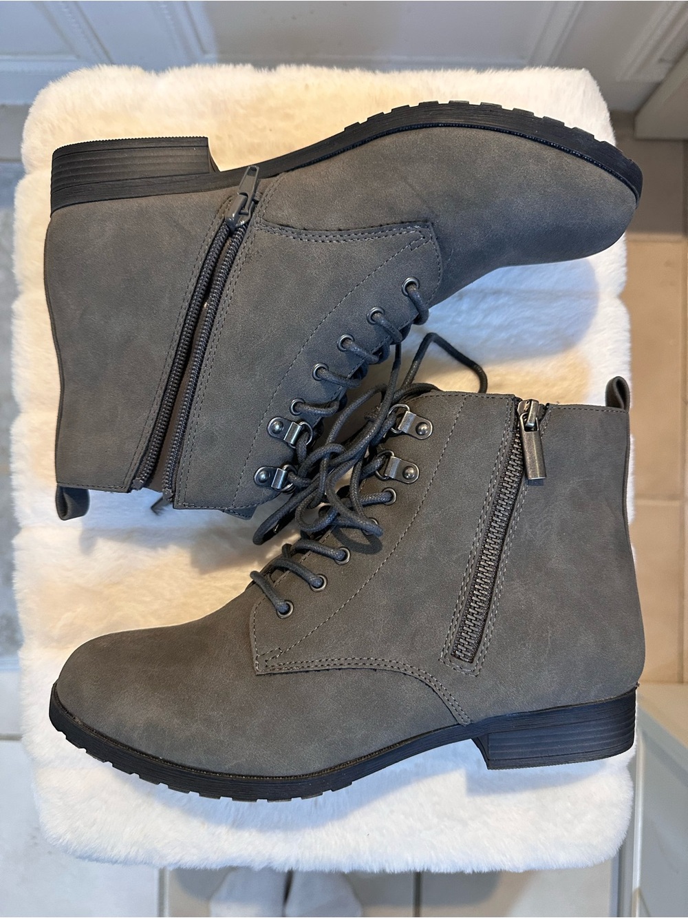 Market & Spruce Gray Lace-Up Side-Zip Combat Ankle Boots